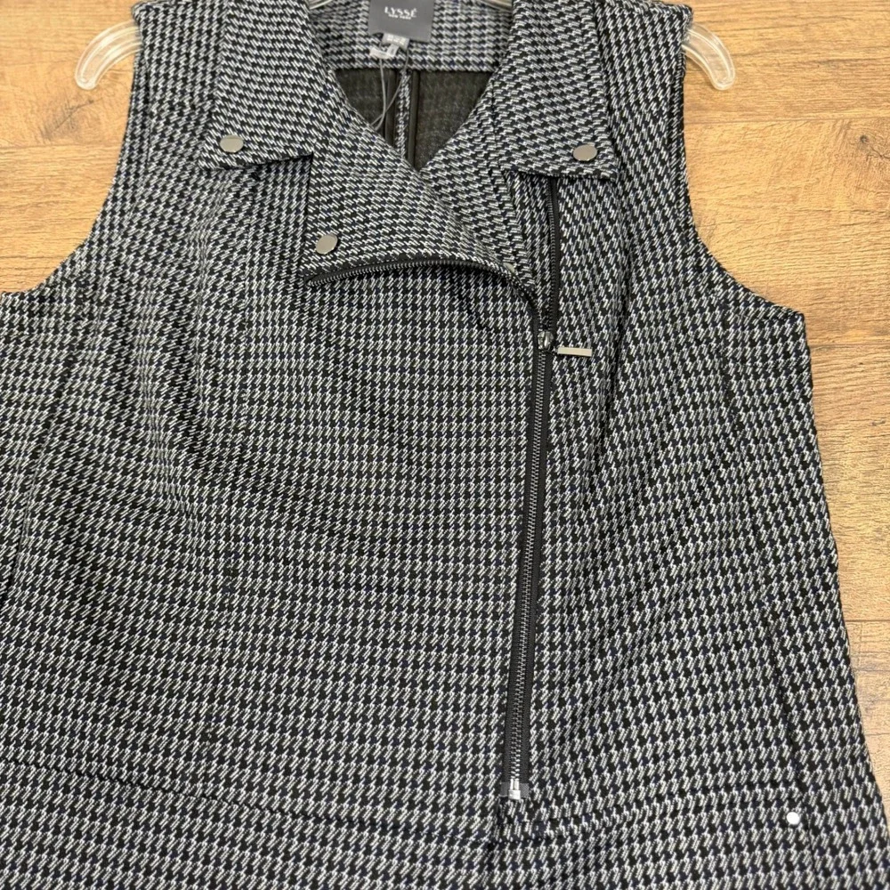 Lysse‎ New York Sleeveless Moto Houndstooth Ponte Dress Navy Black Size Med